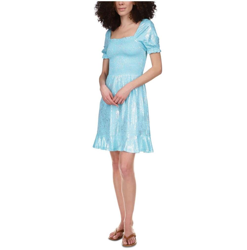 Michael Kors Women Turquoise Jersey Smocked Peasant Fit & Flare Dress Size S